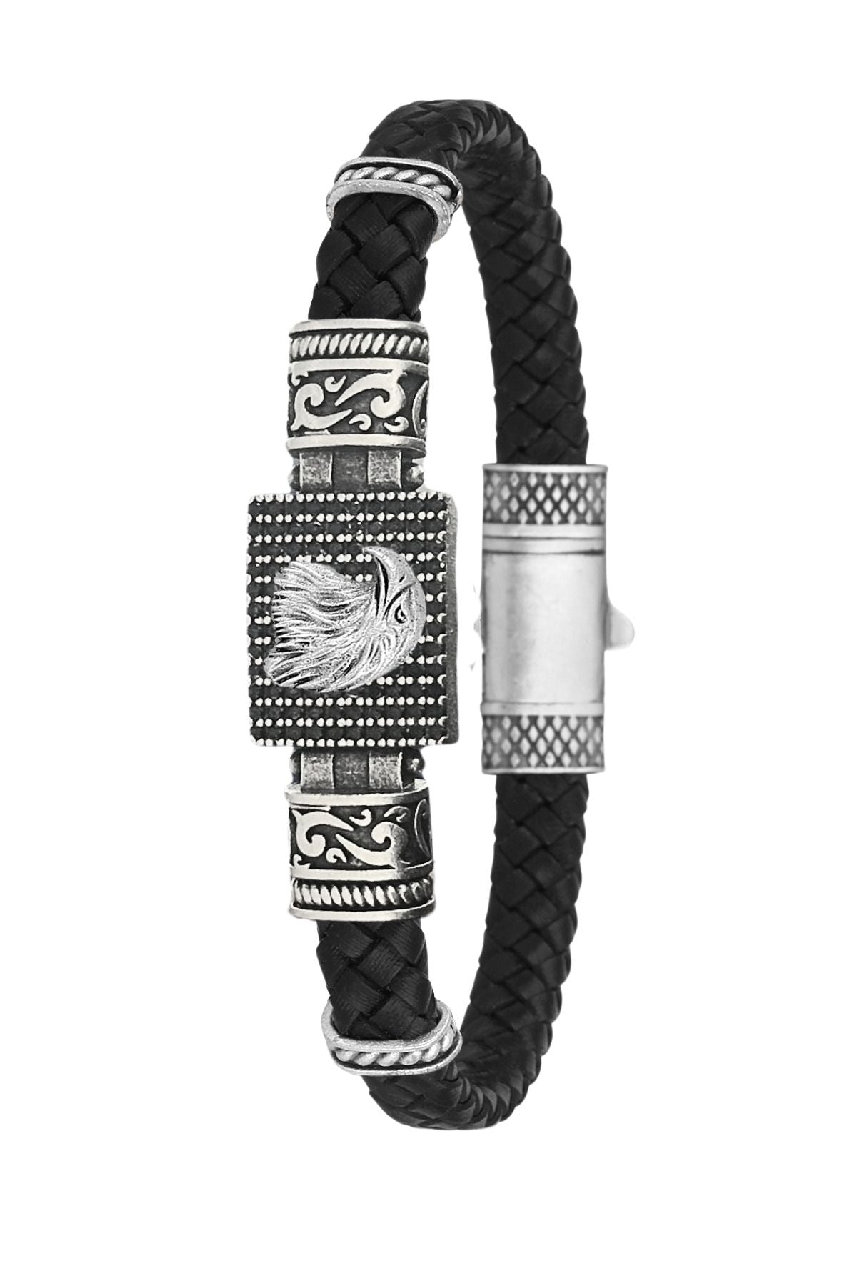 Kartal Figürlü Zirkon Taşlı Hakiki Deri Erkek Bileklik