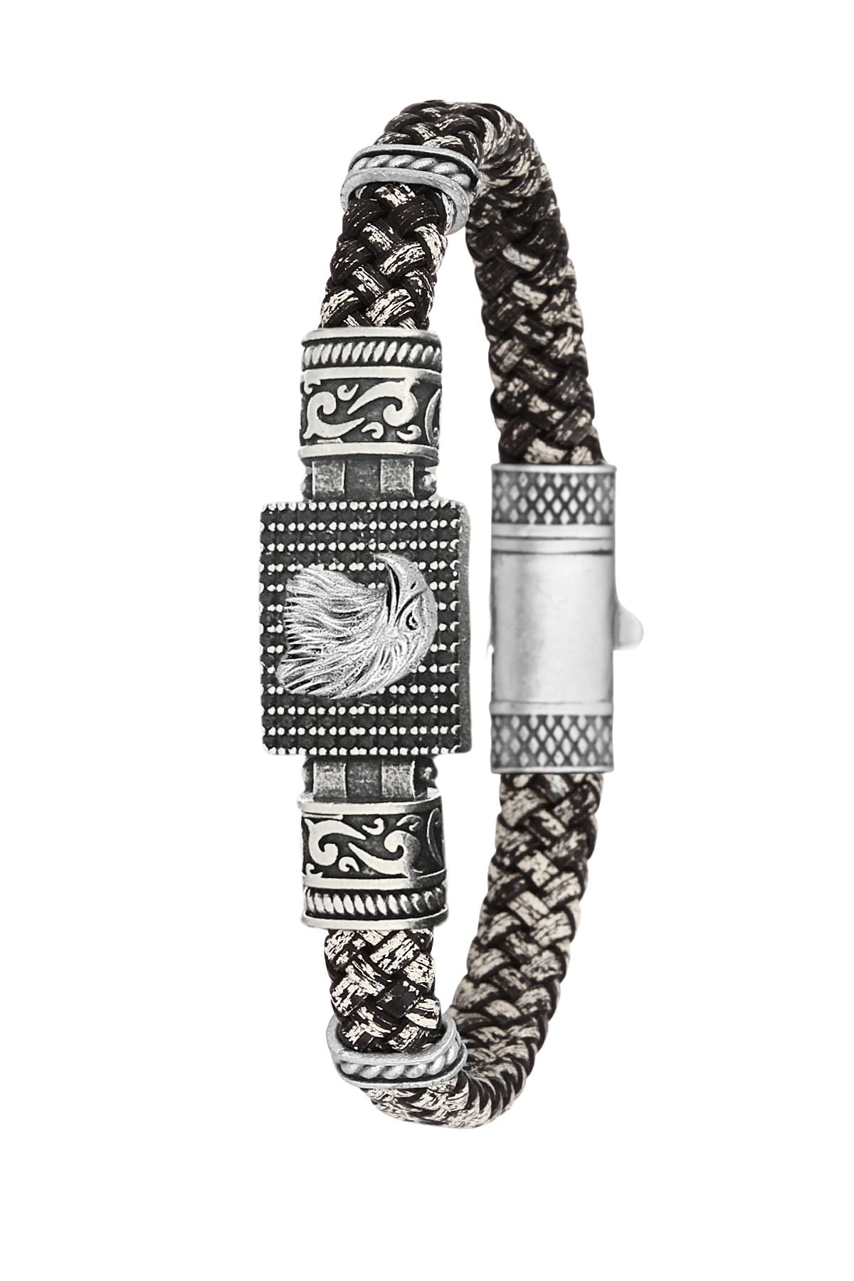 Kartal Figürlü Zirkon Taşlı Hakiki Deri Erkek Bileklik