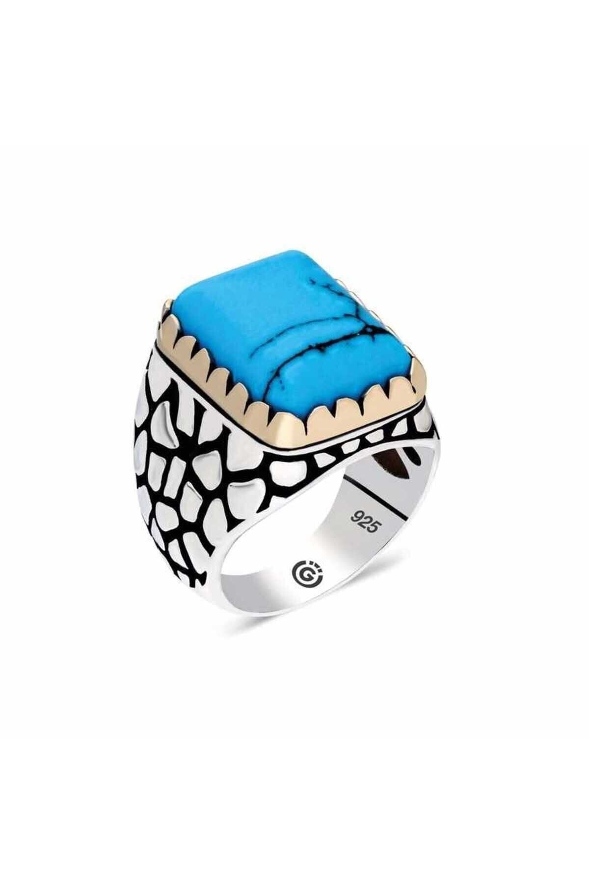 Gümüş Zirkon Turkuaz Taşlı Kare Erkek Yüzük