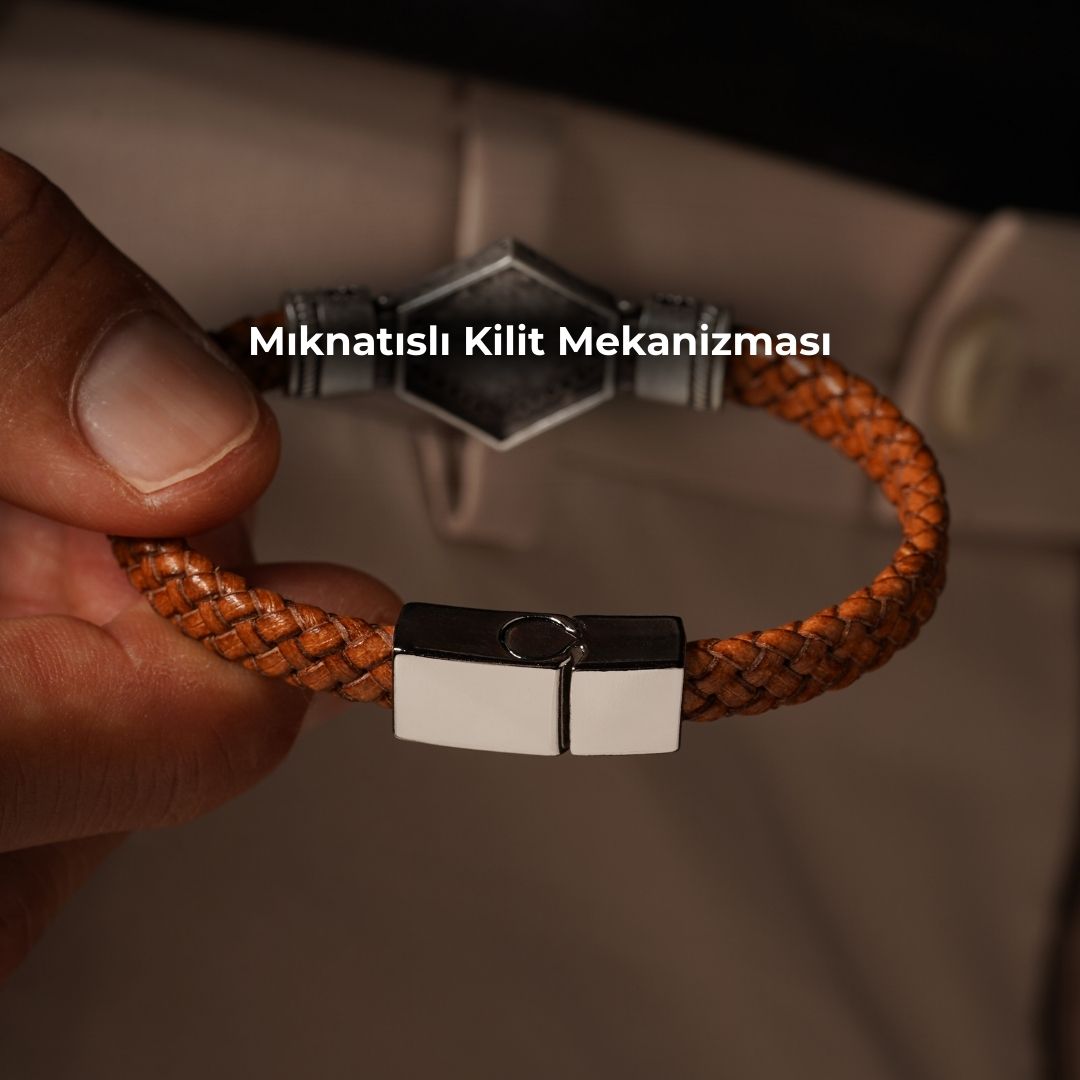 Aslan Figürlü Altıgen Kahverengi Hakiki Deri Zirkon Taşlı Bileklik