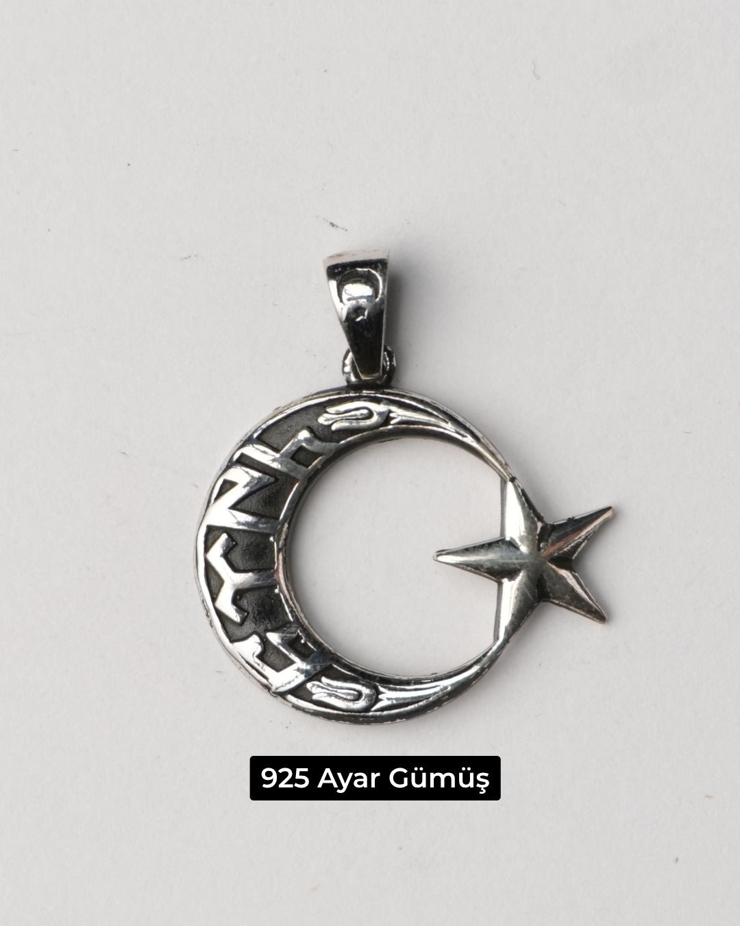 Desenli Ay Yıldız Gümüş Erkek Kolye