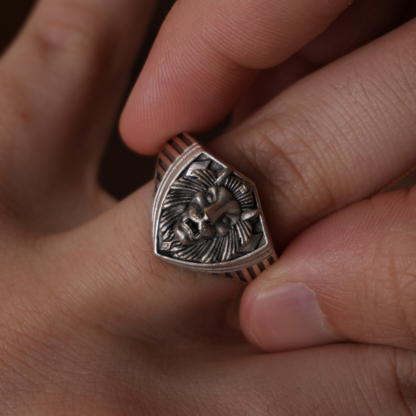 Aslan Figürlü Kalkan Formlu Ayarlanabilir Yüzük