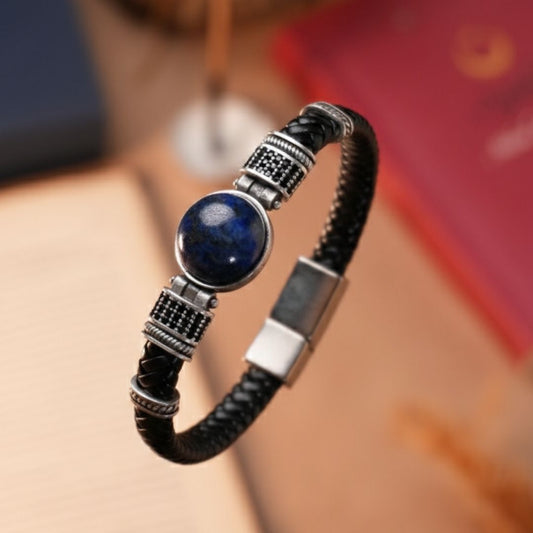 Lapis Lazuli Doğal Taşlı & Siyah Hakiki Deri Erkek Bileklik