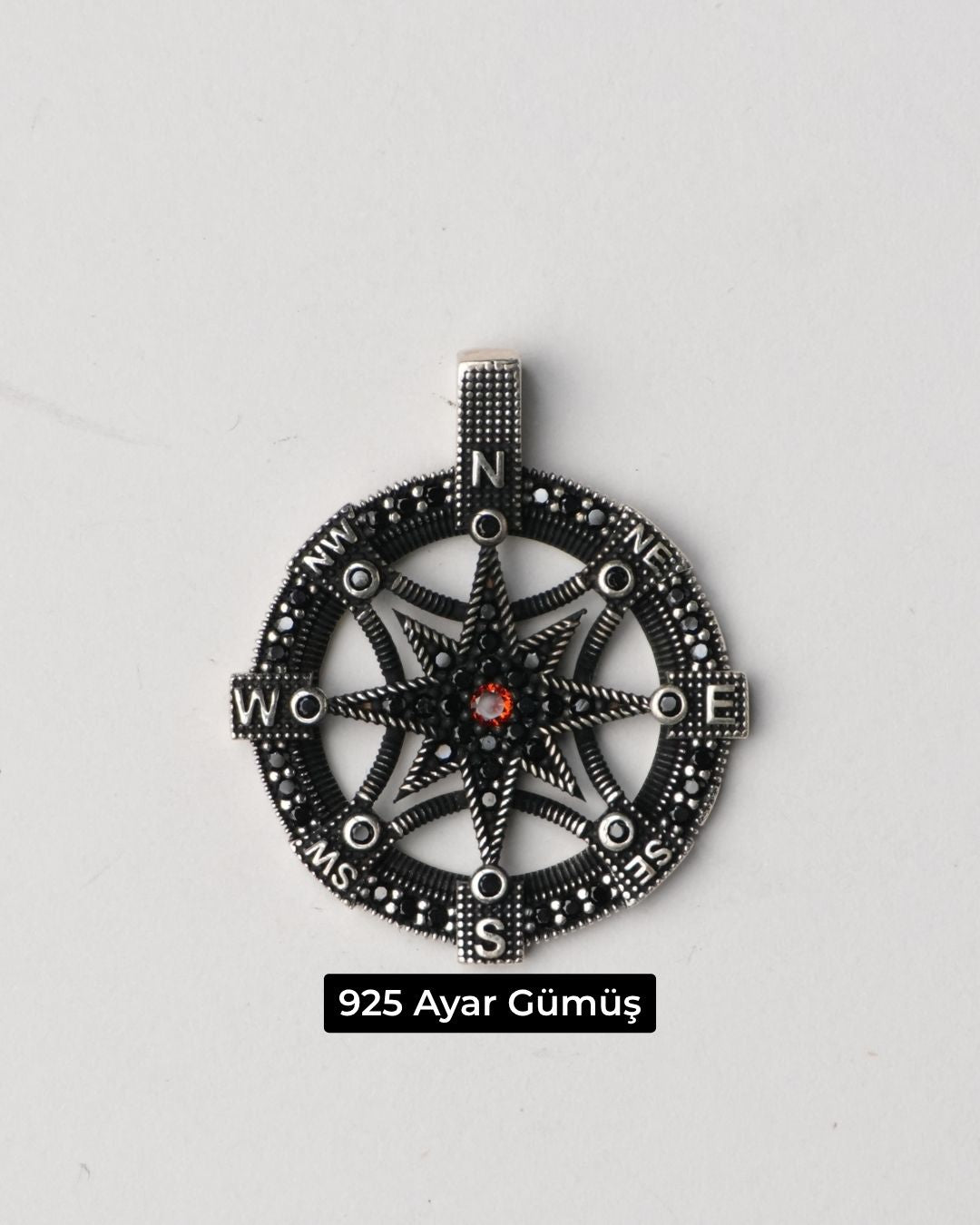Zirkon Taşlı Pusula Gülü Gümüş Erkek Kolye