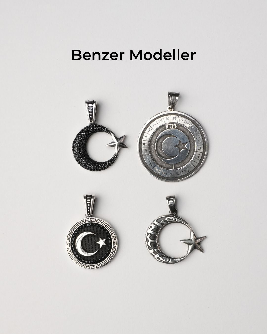 Desenli Ay Yıldız Gümüş Erkek Kolye