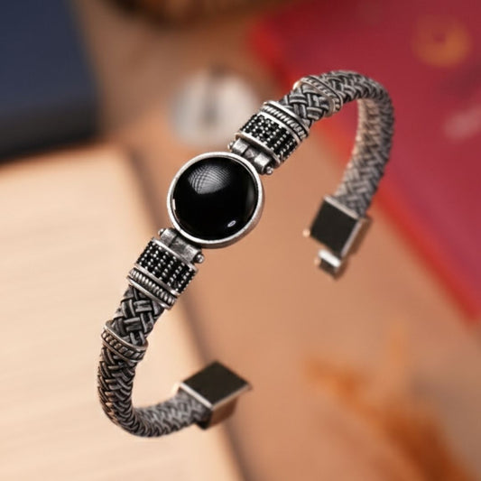 Oniks Doğal Taşlı & Beyaz Hakiki Deri Erkek Bileklik