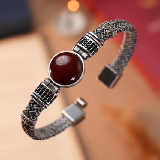 Kırmızı Akik Doğal Taşlı & Beyaz Hakiki Deri Erkek Bileklik