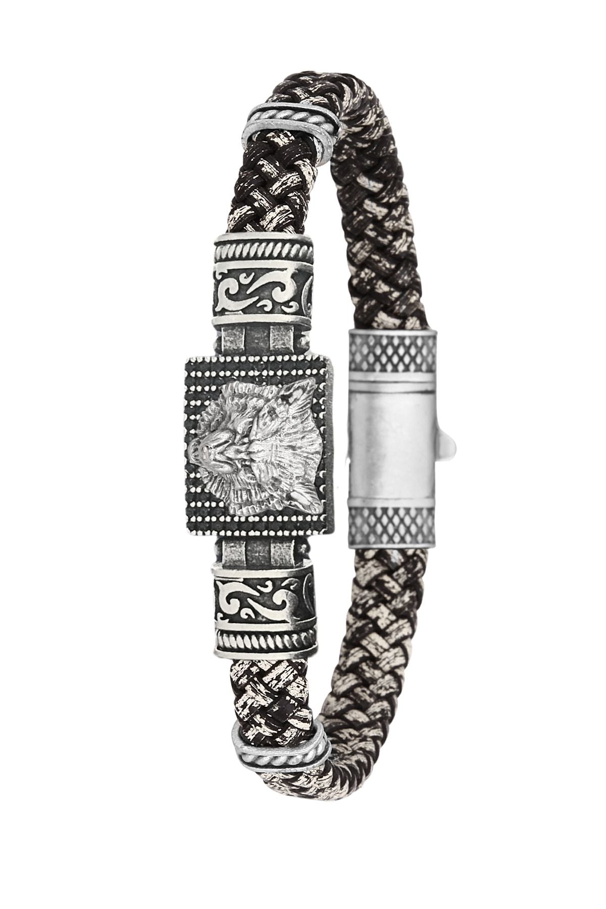 Kurt Figürlü Zirkon Taşlı Hakiki Deri Erkek Bileklik