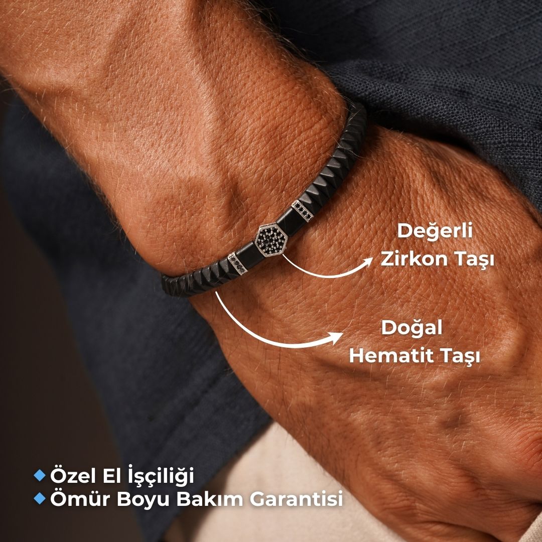 Hematit & Zirkon Taşlı Ayarlanabilir Erkek Bileklik – HexForce