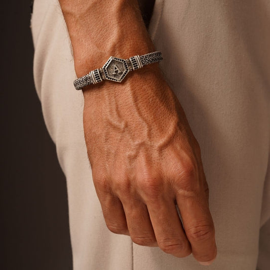 Kişiselleştirilebilir Altıgen Hakiki Beyaz Deri Erkek Bileklik