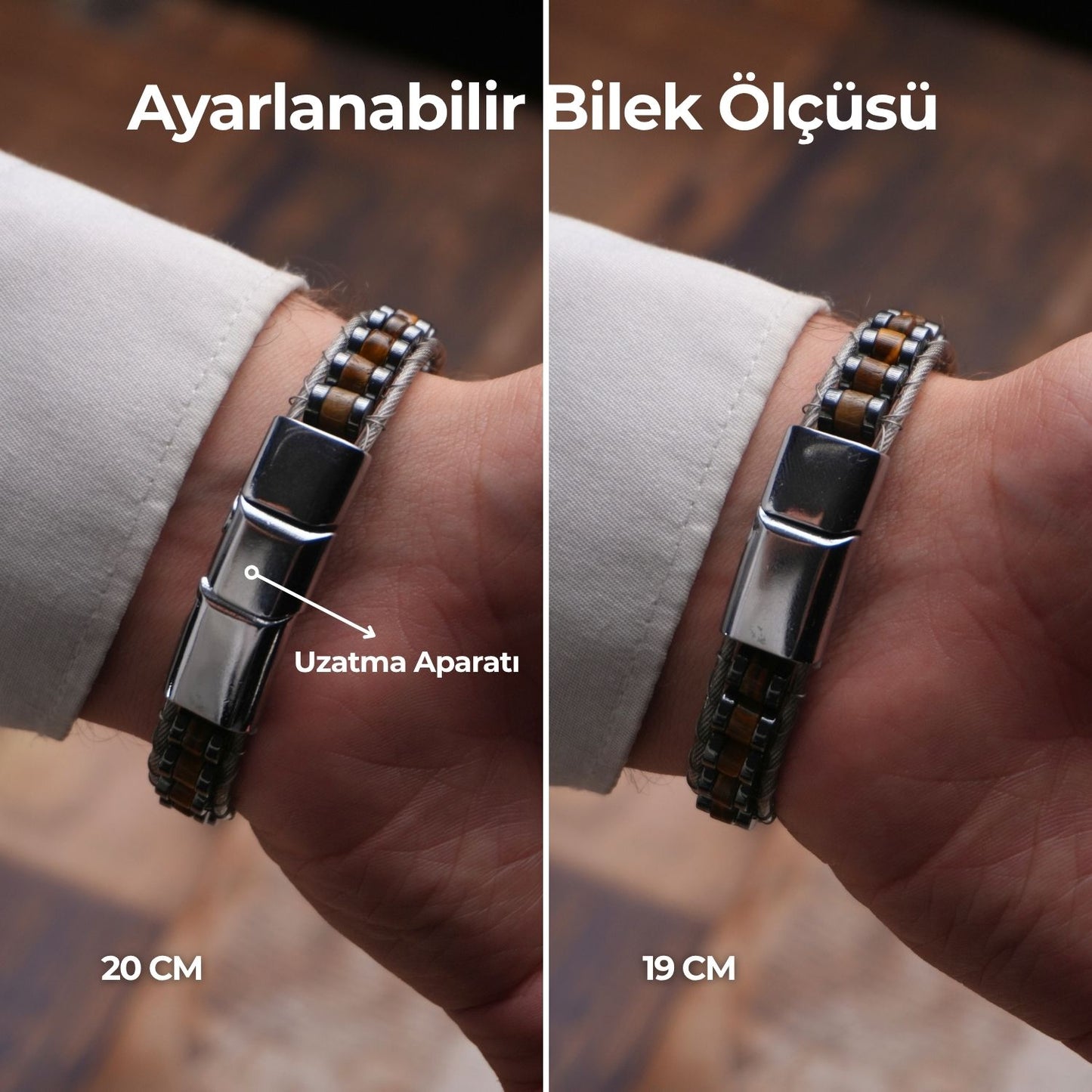 Kaplan Gözü & Hematit Doğal Taşlı Çelik Tel Erkek Bileklik