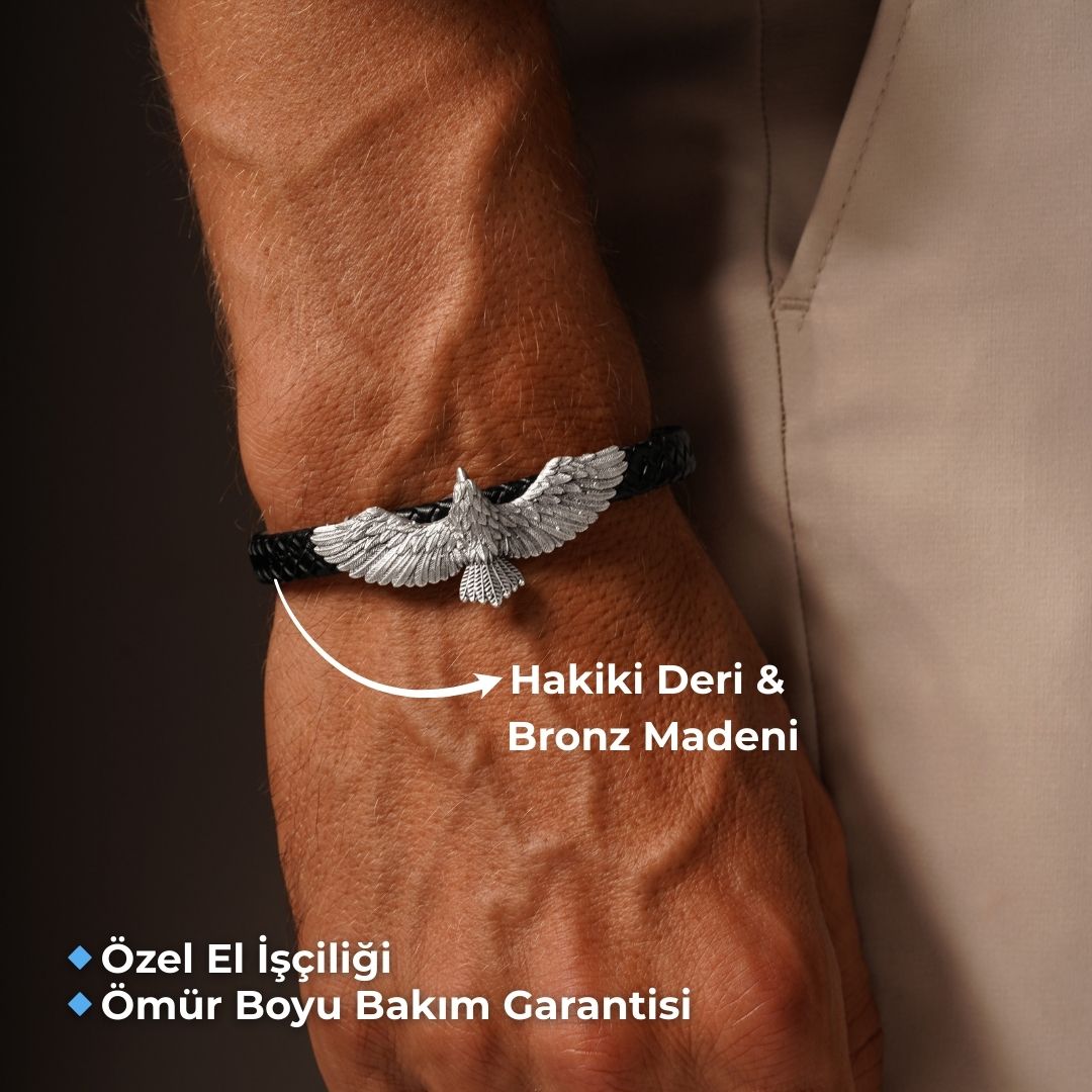 Gri Kartal Figürlü Siyah Deri Bileklik
