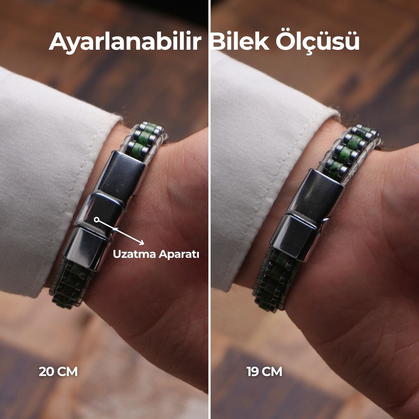 Zoisit & Hematit Doğal Taşlı Çelik Tel Erkek Bileklik