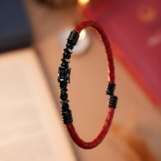 Oniks & Zirkon Detaylı İnce Hakiki Deri Bileklik