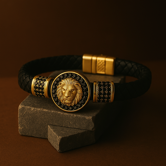 Aslan Figürlü Siyah-Gold Renk Zirkon Taşlı Bileklik
