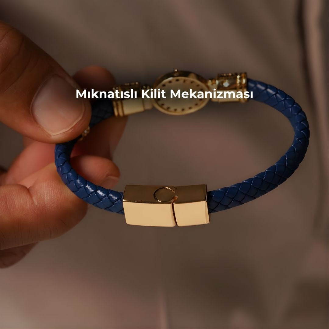 Aslan Figürlü Mavi-Gold Renk Zirkon Taşlı Bileklik